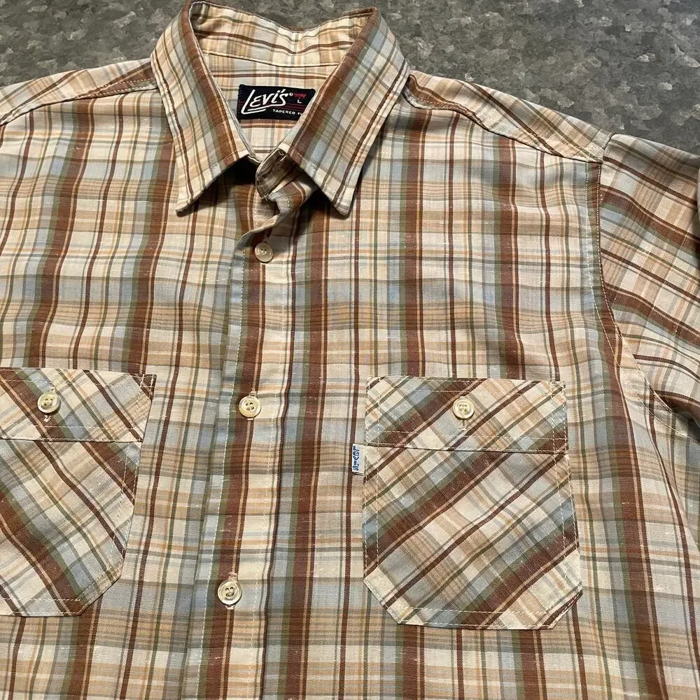 Vintage Levi’s Tapered Fit Plaid Button Up Western Shirt Mens Large Cream Tan
